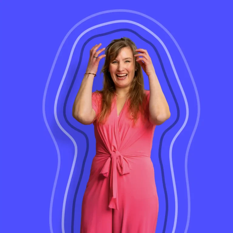 Smiling woman in a pink jumpsuit stands with her hands by her head, in front of a blue background with layered outline shapes surrounding her.