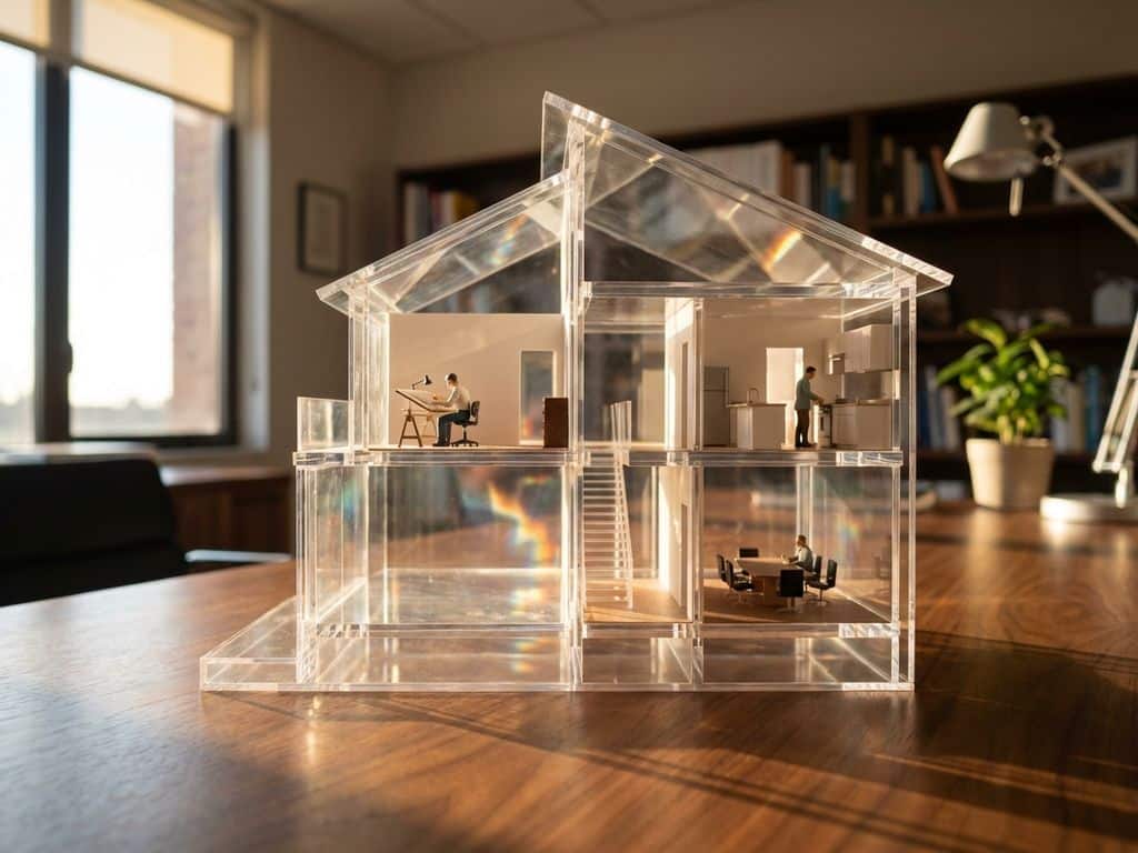 Transparent architectural house model cross-section on wooden desk with miniature figures in rooms, natural lighting