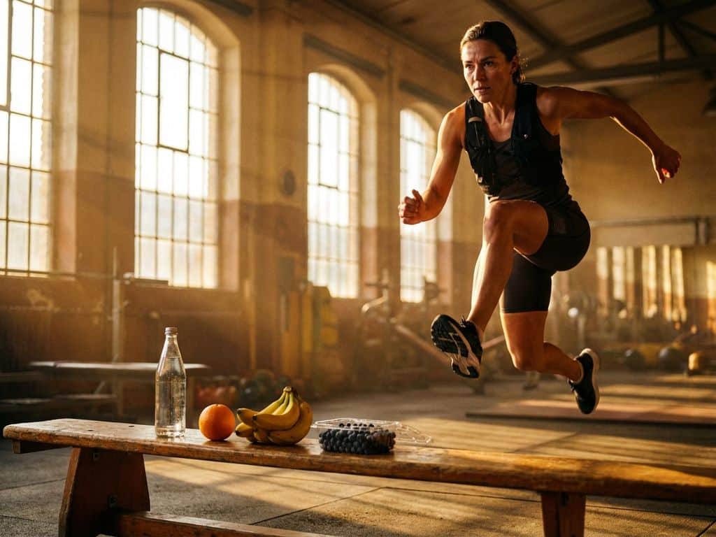 Athlete in sportswear jumping dynamically in sunlit room with fresh fruit and water bottle on wooden table in foreground.