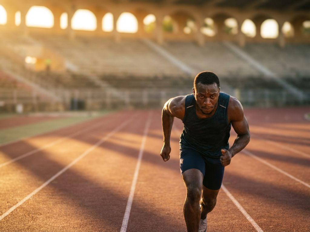 Athlete mid-sprint on running track during golden hour, powerful leg muscles in motion, focused expression with dramatic lighting