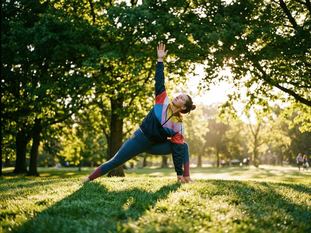 Person in athletic wear stretching in sunlit park surrounded by green trees during golden hour morning light.