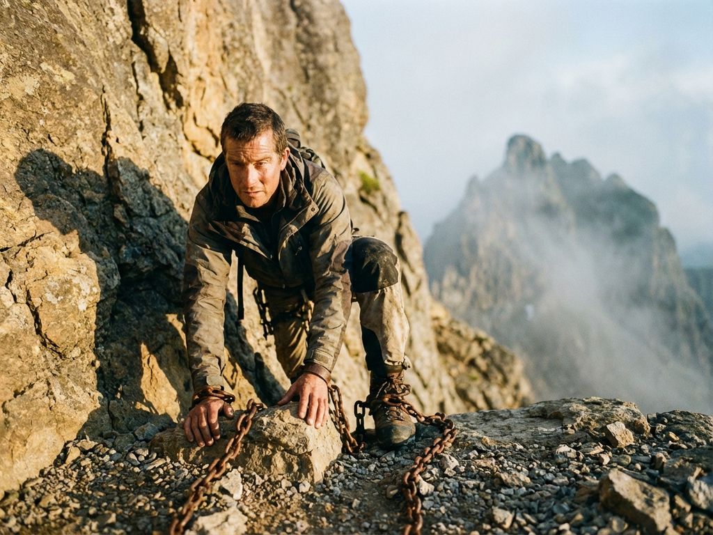 Determined climber with chains on ankles and wrists ascending steep rocky mountain path toward distant summit