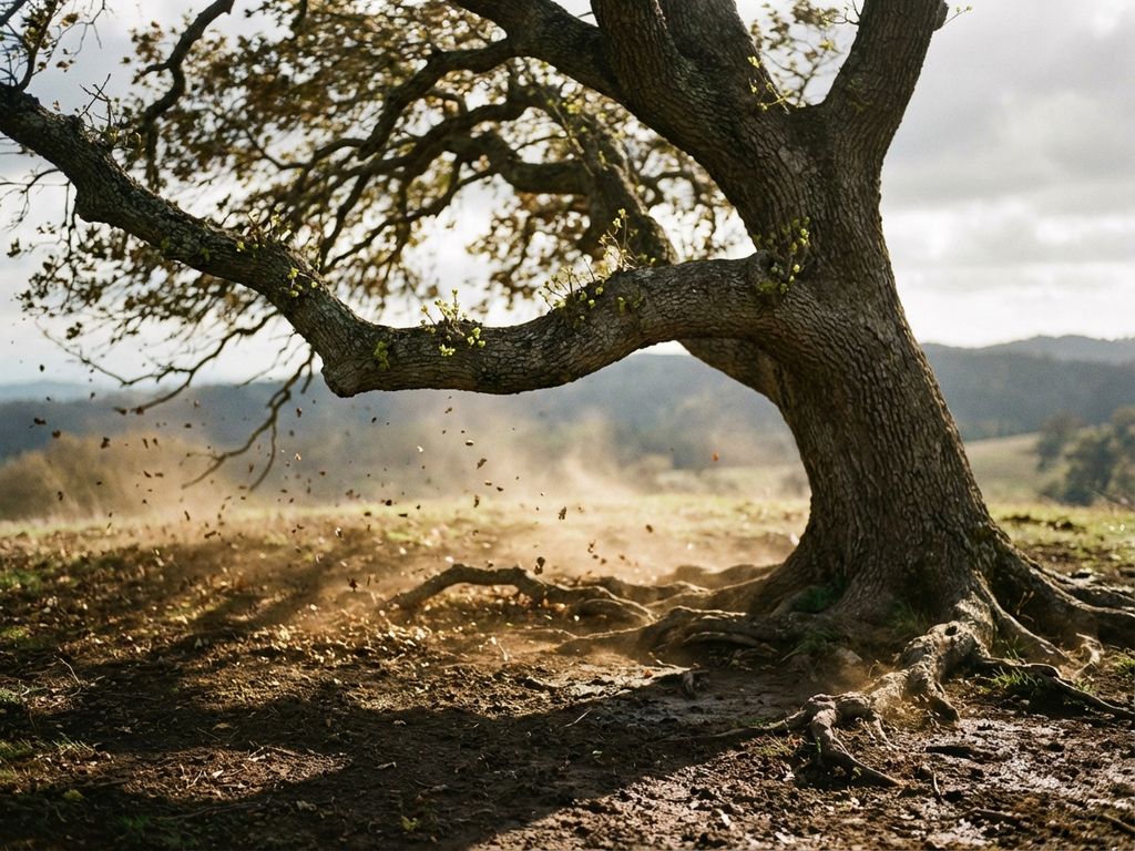 Weathered tree with bending branches stands resilient against wind, new green buds emerging, golden sunlight filtering through.