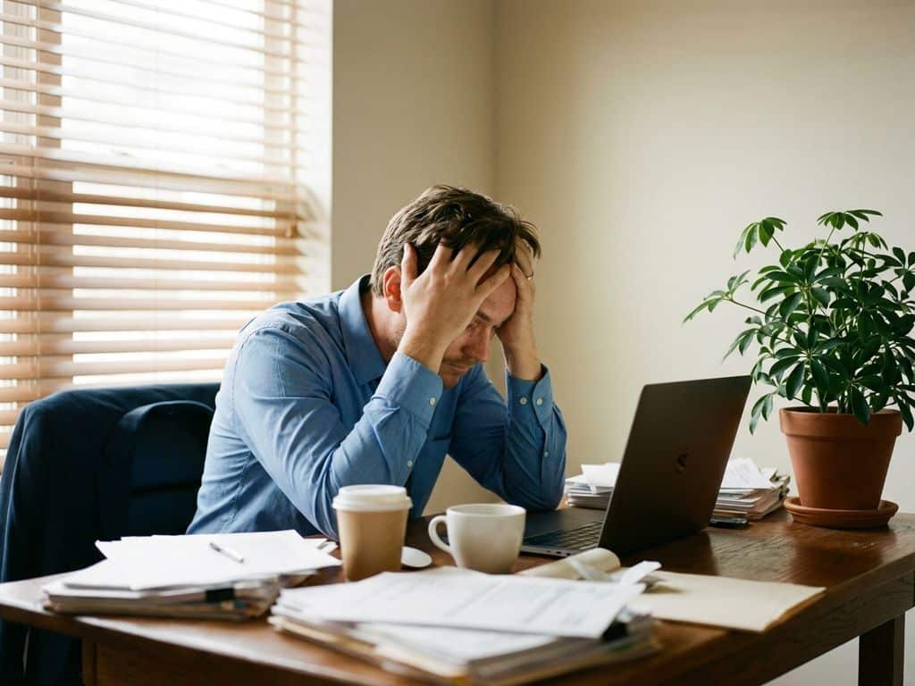 Uitgeputte kantoormedewerker met hoofd in handen aan rommelig bureau, kleine plant op hoek, laptop en papieren zichtbaar