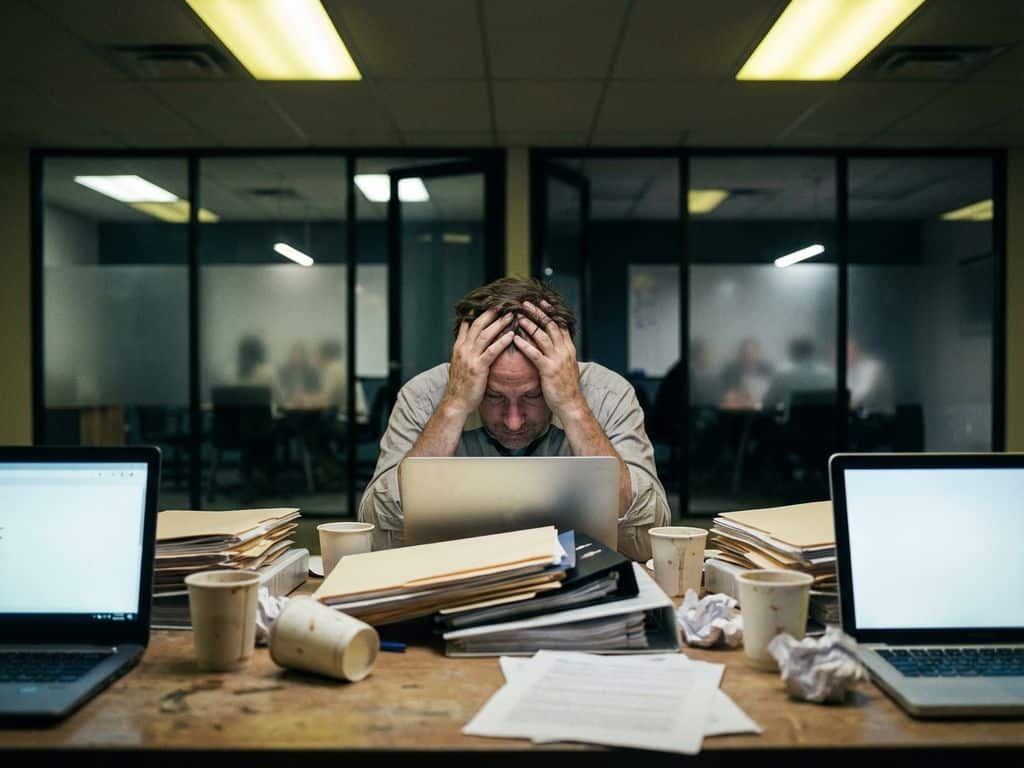 Exhausted office worker with head in hands at desk covered in paperwork stacks and laptop screens, showing workplace burnout.