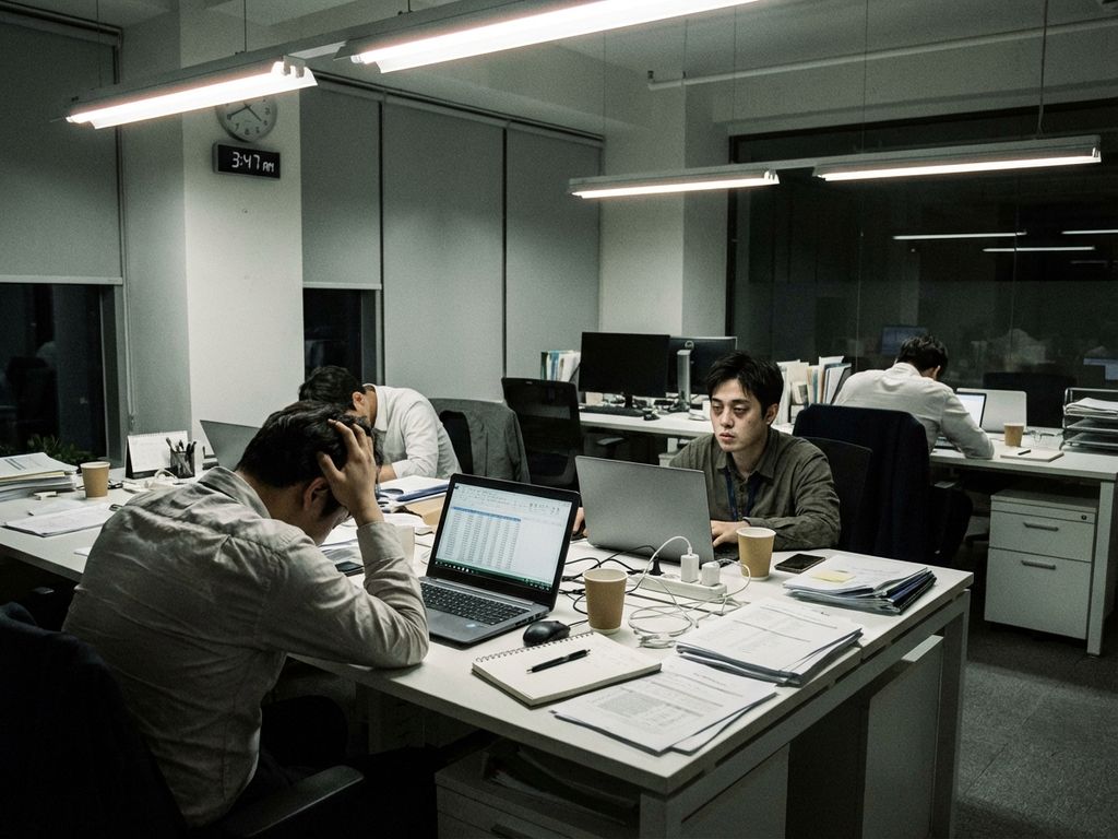 Exhausted office workers slumped at desks in modern workspace with laptops, coffee cups, and scattered papers showing burnout