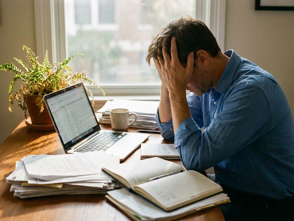 Tired professional with head in hands at cluttered home office desk with laptop, papers, and empty coffee cup