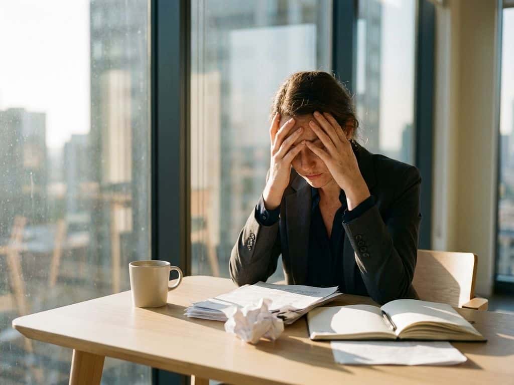 Exhausted businesswoman with head in hands at desk with scattered papers and empty coffee cup during golden hour