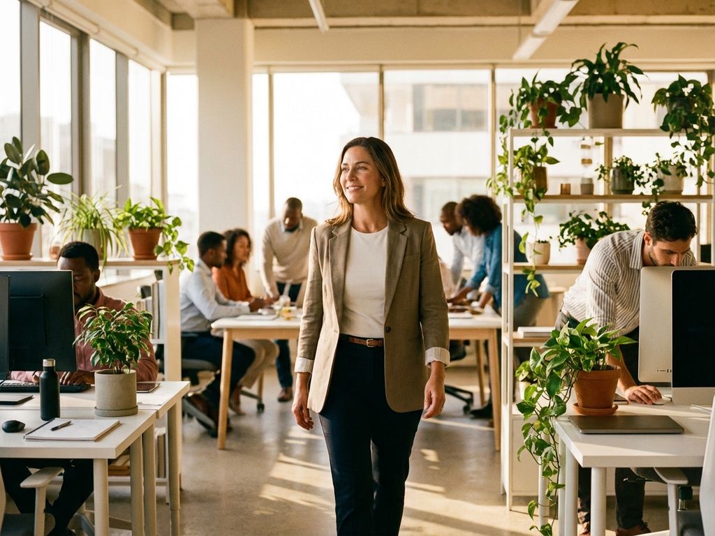Confident business leader walking through bright modern office with green plants and collaborative employees in background.