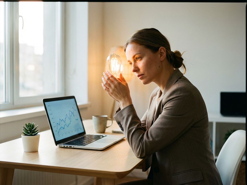Professional woman at desk holding glowing lightbulb with laptop showing energy graphs and organized workspace