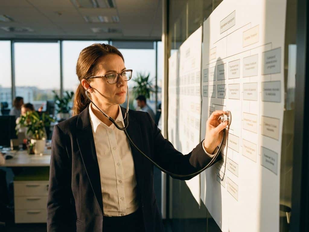 Businesswoman using stethoscope to analyze organizational chart on office wall, symbolizing corporate health assessment