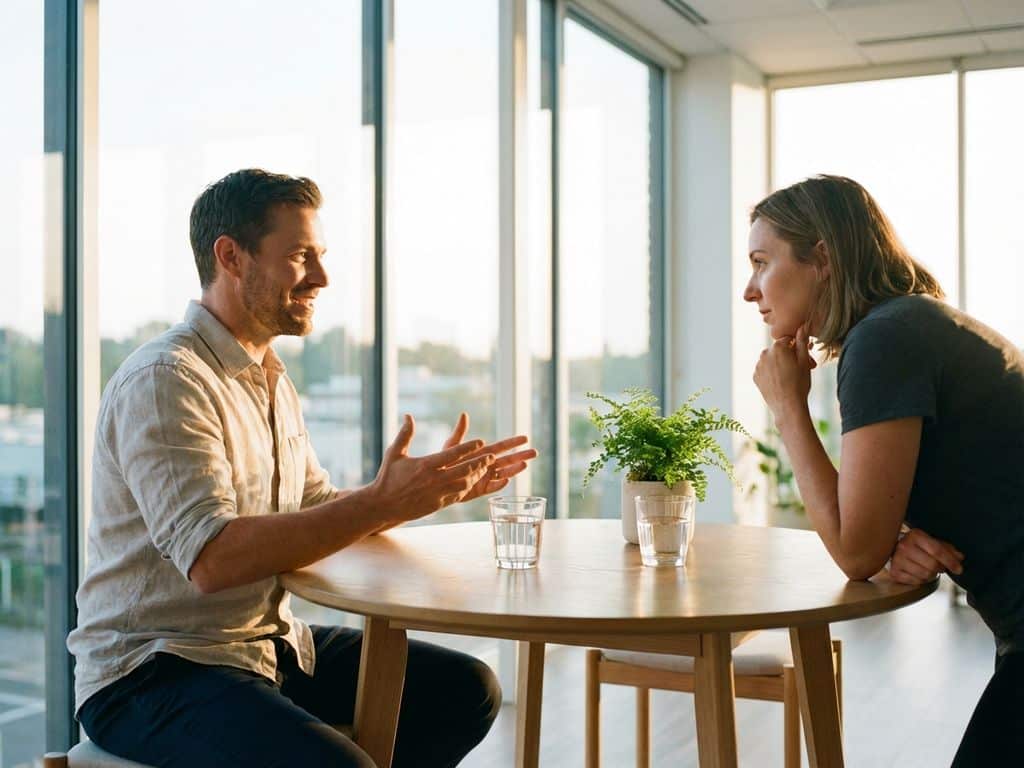 Professional coach gesturing encouragingly to engaged client in bright modern wellness space with natural sunlight