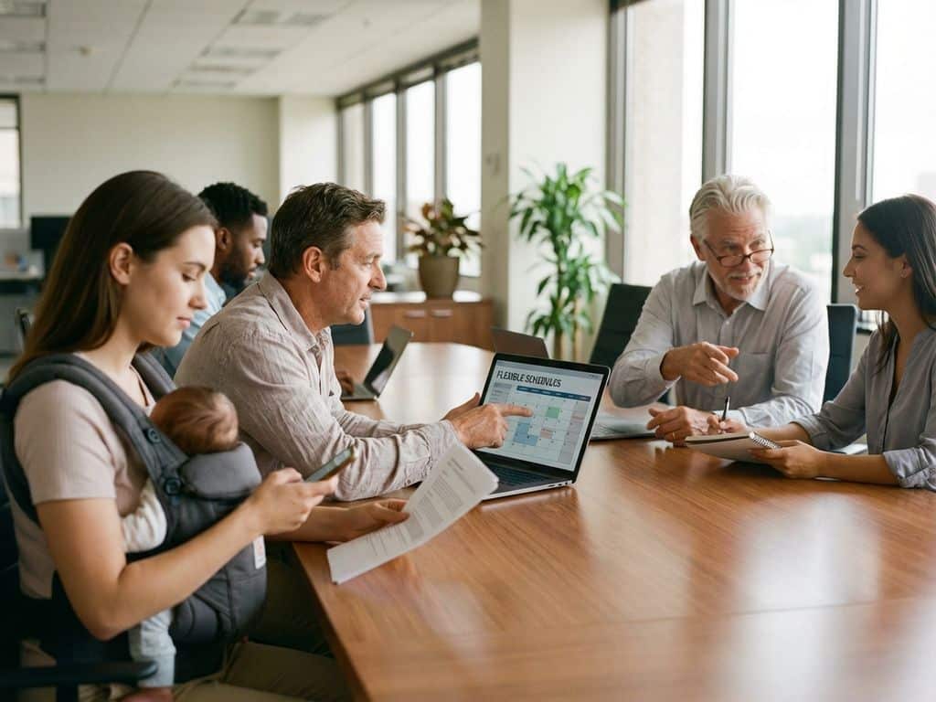 Diverse professionals collaborating at conference table, discussing flexible work schedules in bright modern office