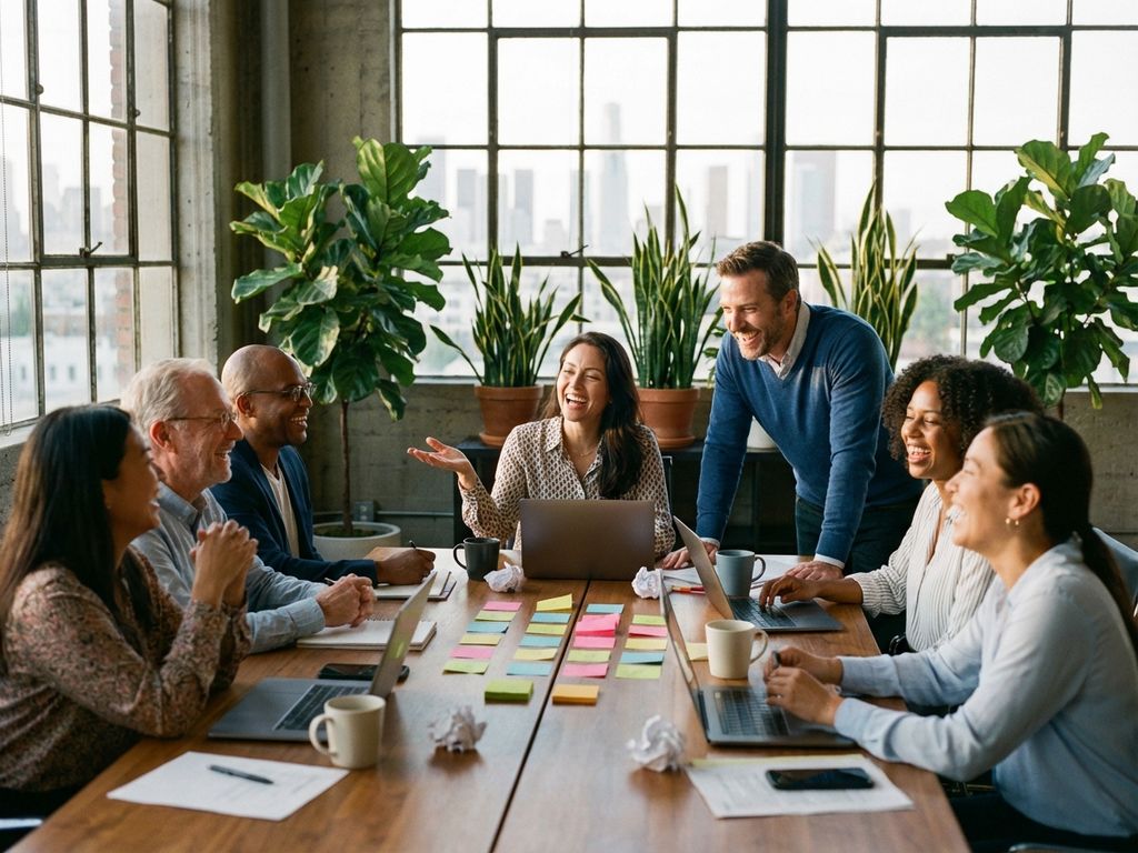 Diverse team laughing together during office brainstorming session with laptops and sticky notes on conference table