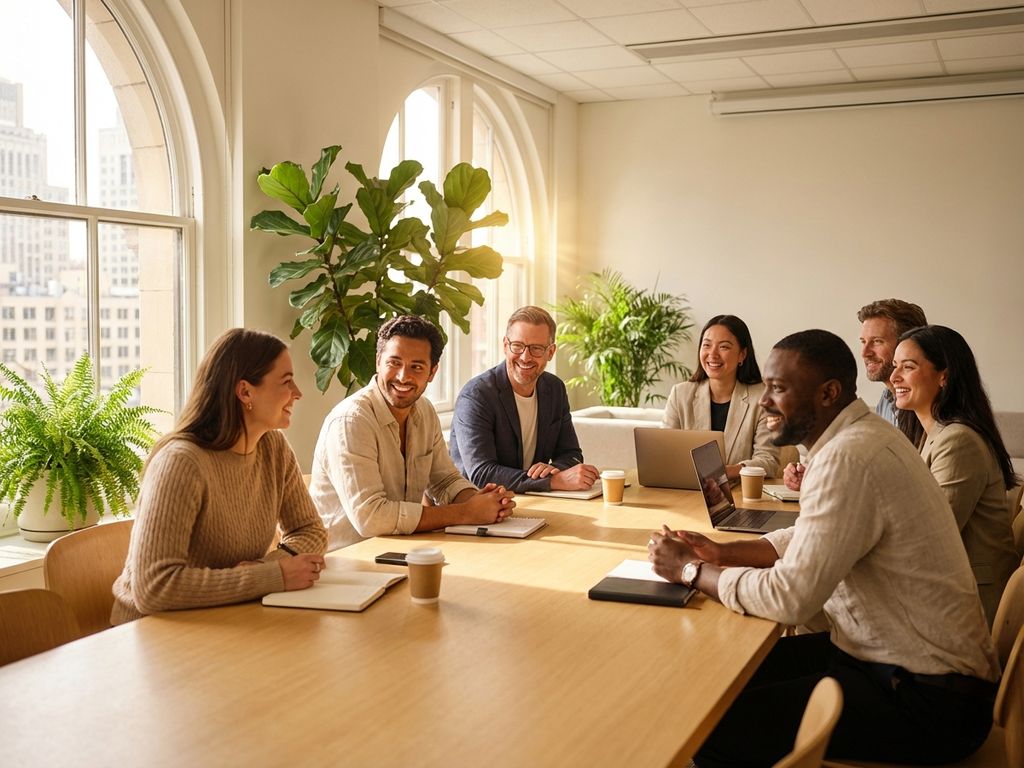 Diverse team of professionals collaborating around conference table in bright modern office with plants and natural light.