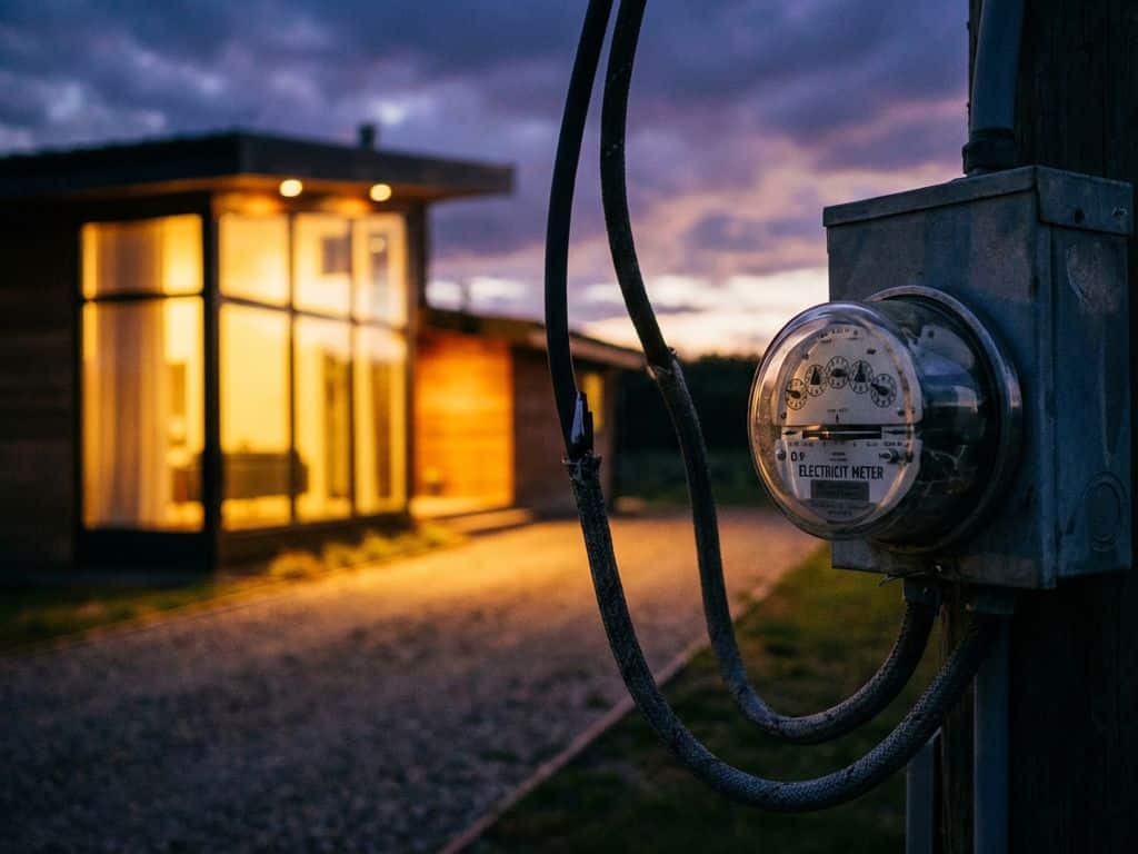 Vintage electricity meter with spinning dials in foreground, modern home with glowing windows at dusk in background