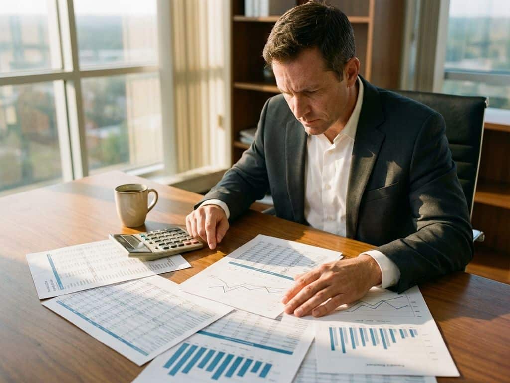Professional in business attire analyzing financial charts and graphs at wooden desk with calculator and coffee cup nearby.