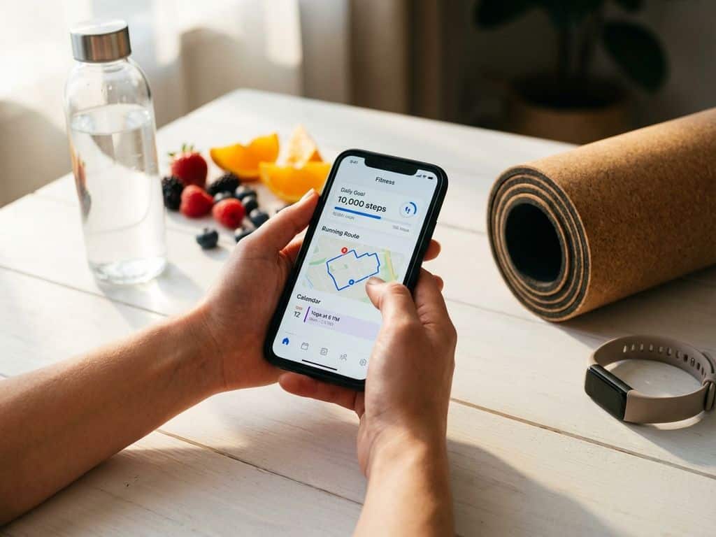 Hands holding smartphone with fitness app surrounded by water bottle, fruits, yoga mat and fitness tracker on white surface