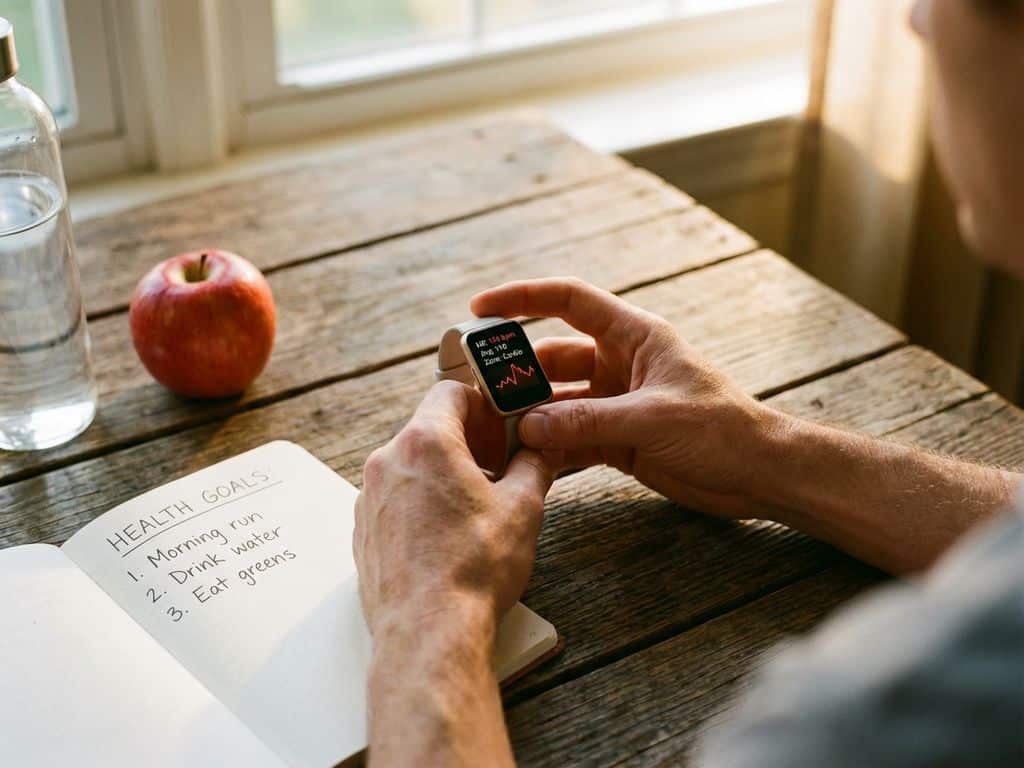 Hands holding fitness tracker showing heart rate data on wooden table with health journal, apple, and water bottle