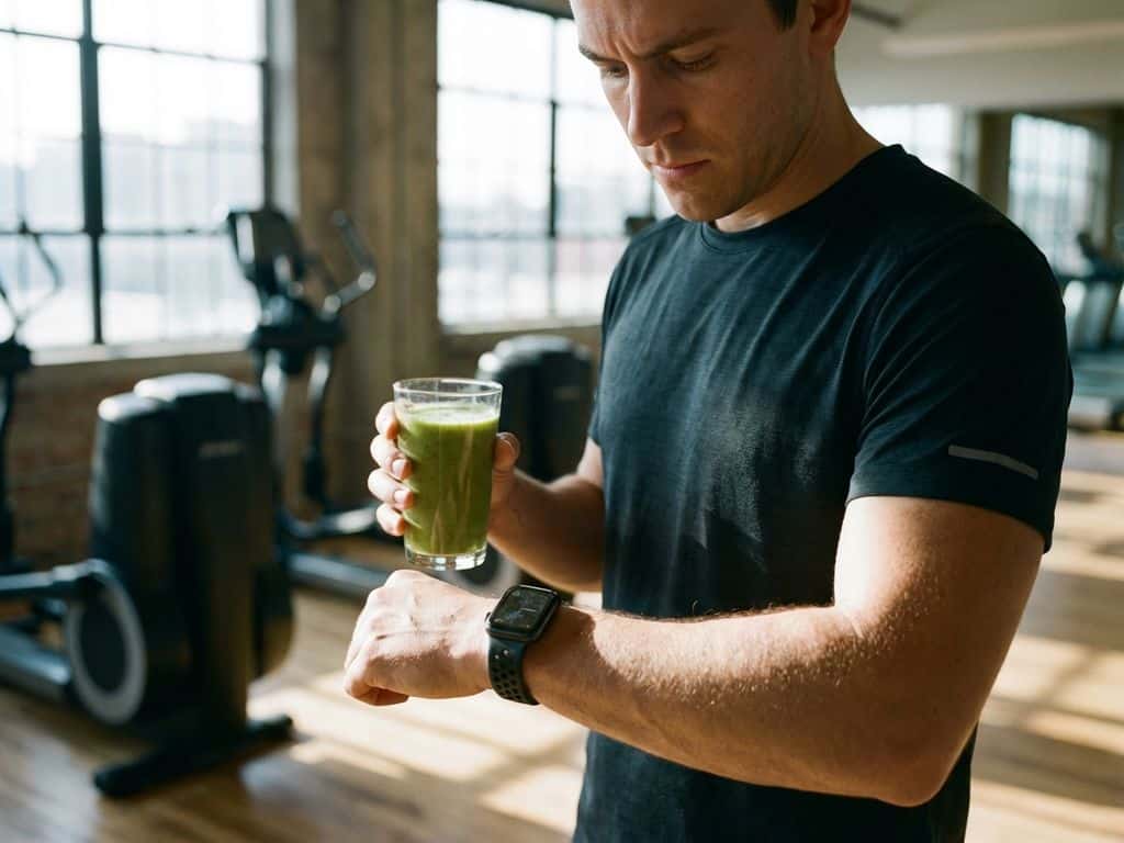 Fitness enthusiast checking smartwatch while holding green smoothie in bright modern gym with equipment in background