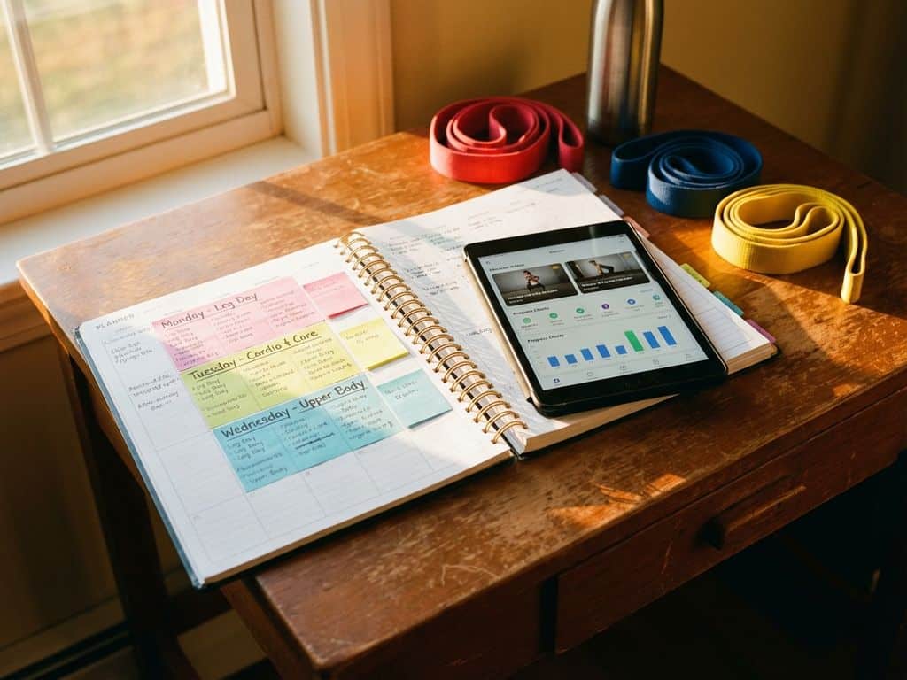 Fitness trainer's desk with open workout planner, tablet showing training app, resistance bands and water bottle in sunlight