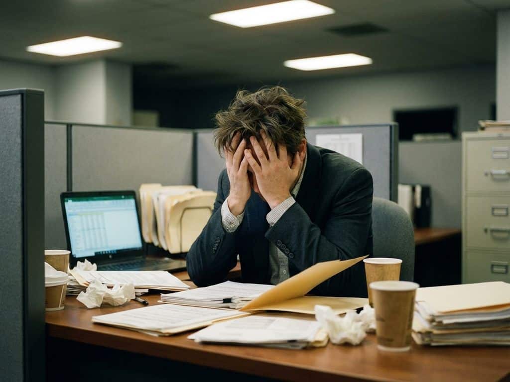 Uitgeputte kantoormedewerker met hoofd in handen aan bureau vol papieren, lege koffiekopjes en laptop in kantooromgeving