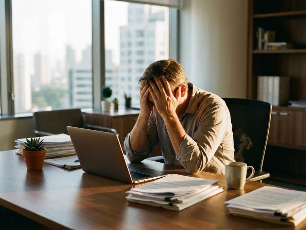 Stressed manager with head in hands at office desk surrounded by papers, laptop, coffee cup and plant in golden sunlight