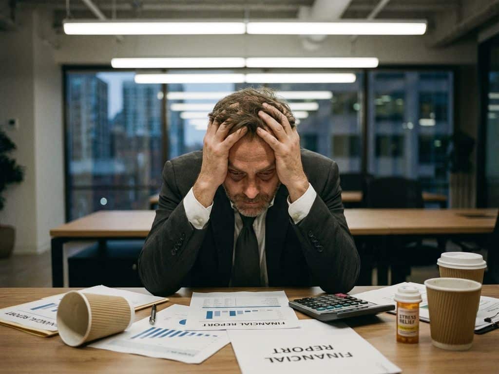 Stressed businessman with head in hands at office desk surrounded by financial reports, calculator, and empty coffee cups
