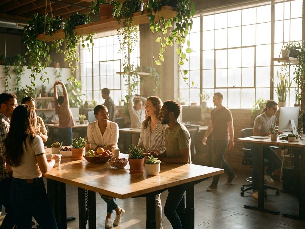 Employees collaborating at standing desk in bright open office with plants, healthy snacks, and natural sunlight.