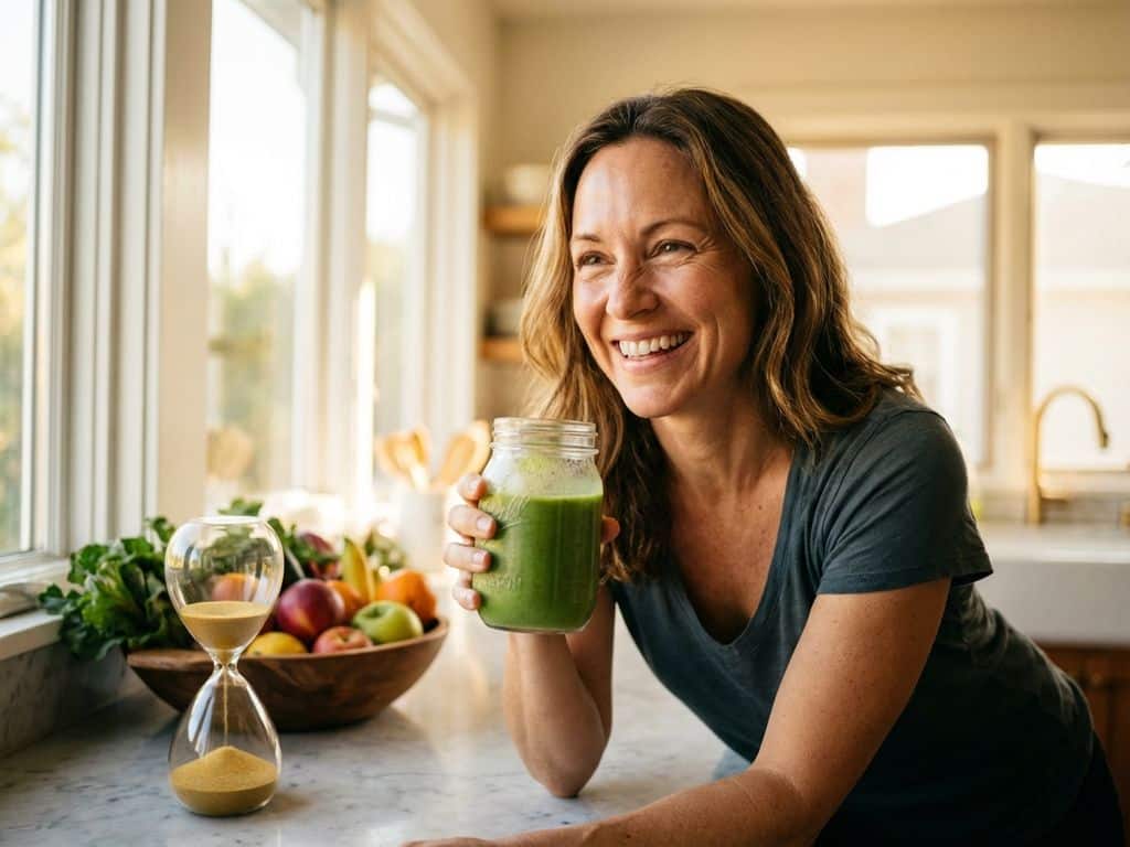 Gezonde persoon van middelbare leeftijd houdt groene smoothie vast in zonnige keuken vol fruit en groenten
