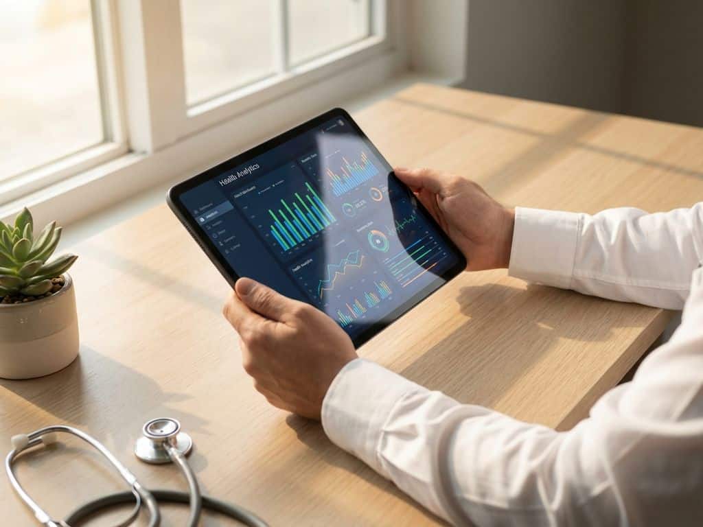 Healthcare professional holding tablet displaying colorful medical analytics charts on desk with stethoscope and plant