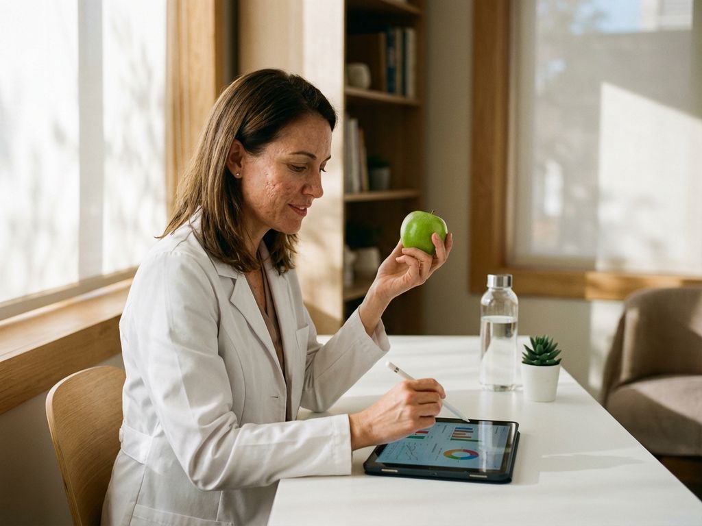Healthcare professional in white coat holding green apple while using tablet at desk with wellness charts and healthy workspace elements