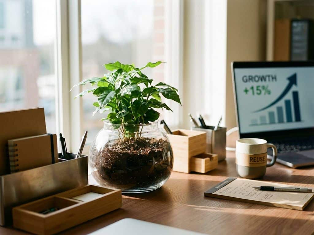 Green plant in glass container on modern office desk with laptop showing analytics and sunlit workspace
