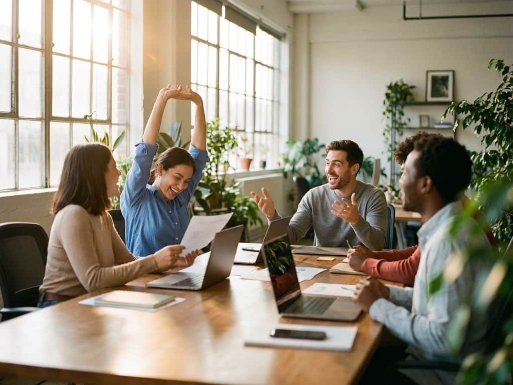 Energetic employees collaborating around modern conference table in bright office with plants and natural sunlight