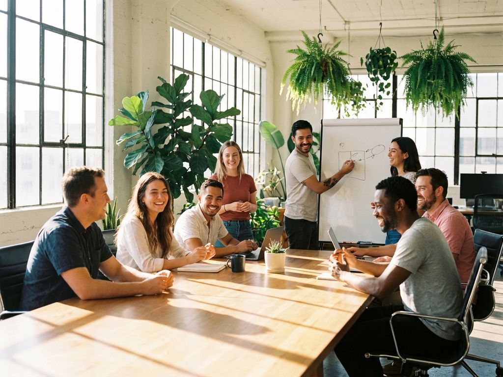 Team collaborating around modern conference table in bright office with natural sunlight and plants