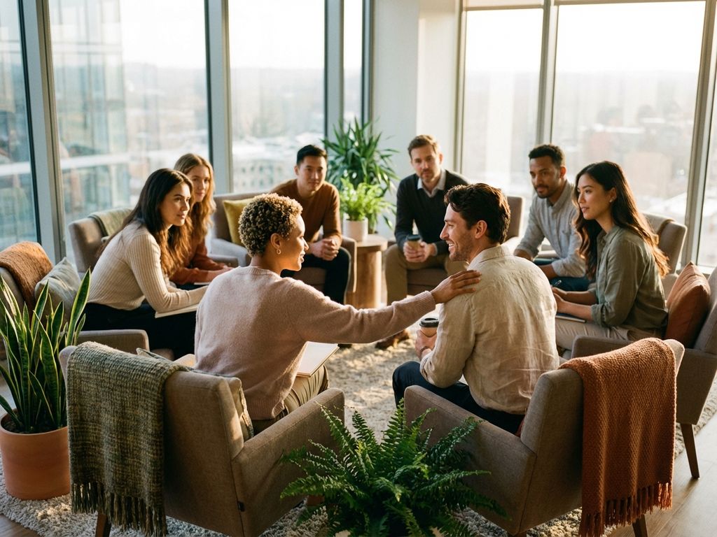 Diverse office workers in supportive circle during wellness meeting, colleague offering comfort with hand on shoulder