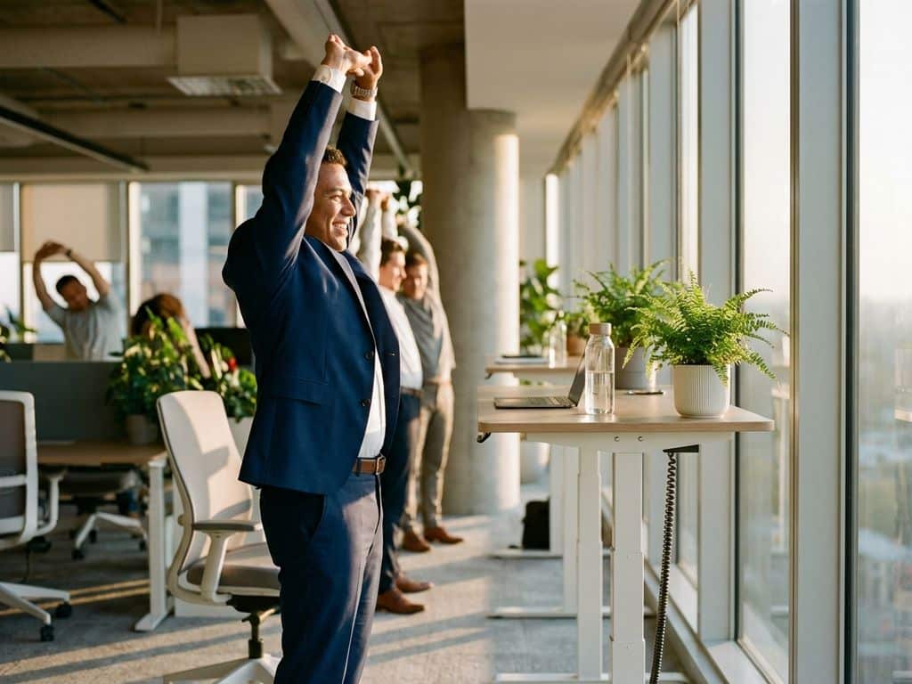 Business professional in navy suit stretching arms up in bright modern office with plants and natural sunlight