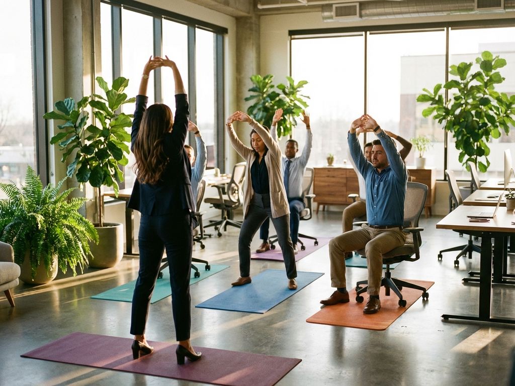 Office professionals doing workplace stretches in modern workspace with natural sunlight and wellness environment.