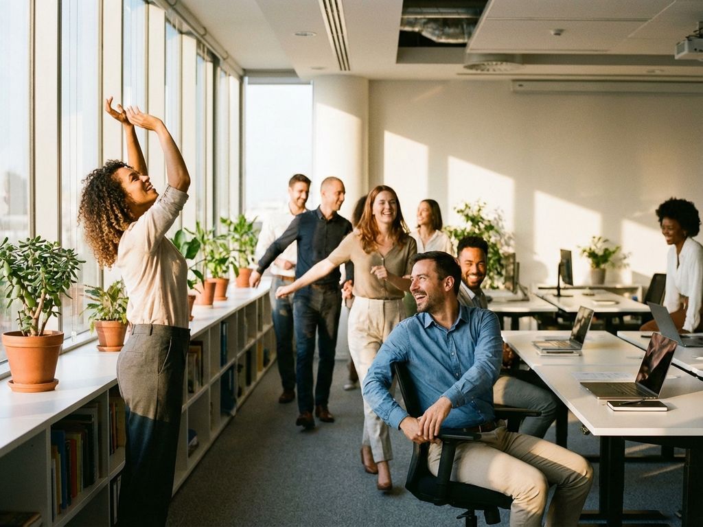 Diverse office workers doing stretches and light exercises together in bright modern workplace with natural sunlight