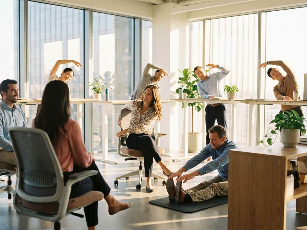 Diverse office workers stretching and doing yoga together in bright modern workplace with natural sunlight and plants