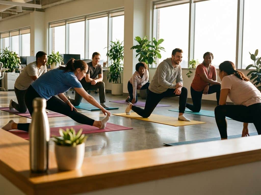 Diverse office employees stretching and exercising together on yoga mats in bright modern workplace with natural sunlight