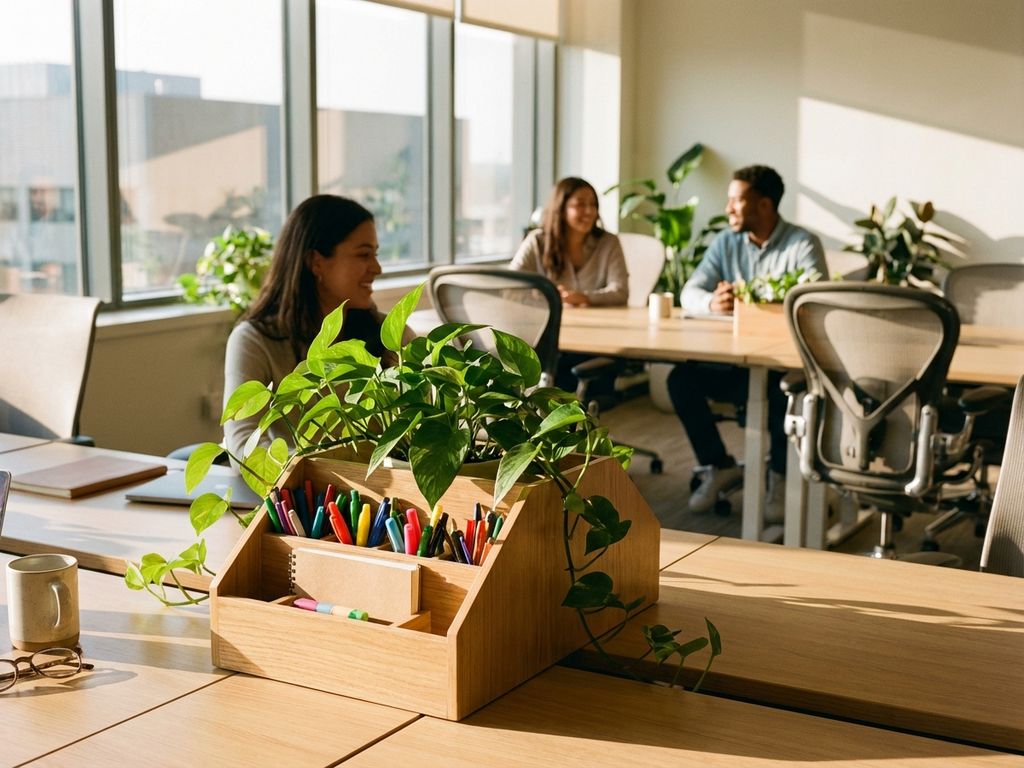 Modern kantoorwerkplek met groene plant in bureauorganizer, samenwerkende medewerkers op achtergrond, natuurlijk zonlicht