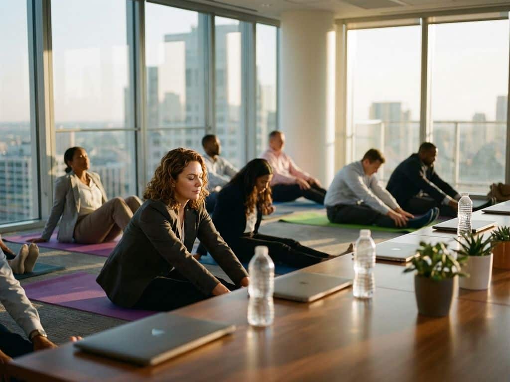Diverse office professionals practicing yoga on mats in bright modern conference room during workplace wellness session.