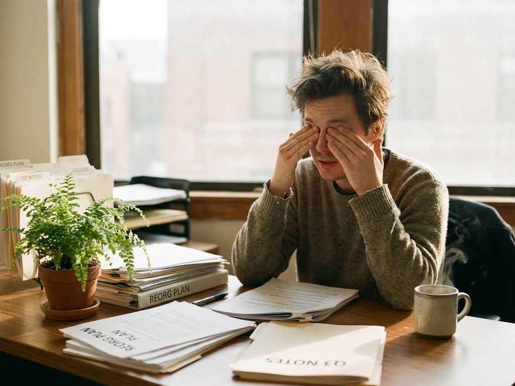 Office worker at desk removing hands from face in relief, with coffee cup and plant nearby in soft natural light.