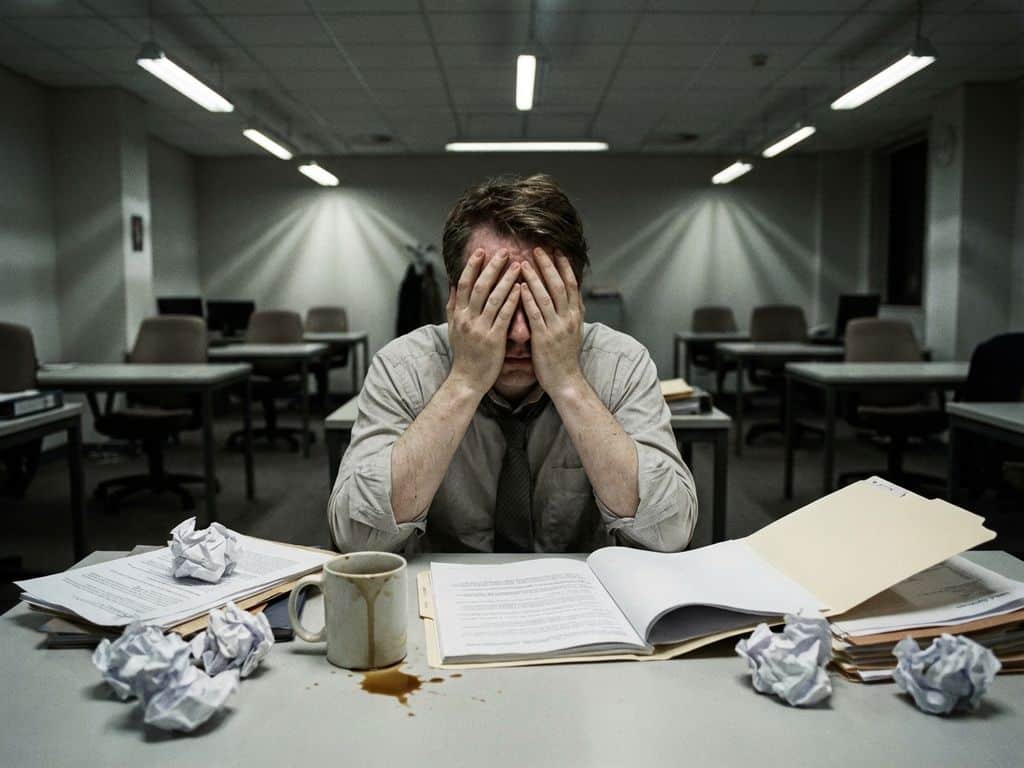 Exhausted office worker with head in hands at desk surrounded by scattered papers in empty office with fluorescent lighting.