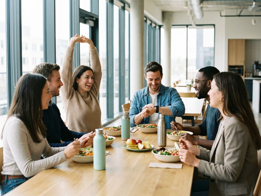 Diverse office employees enjoying healthy lunch break with salads in bright modern workplace cafeteria