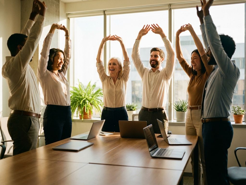 Diverse office professionals doing stretching exercises together around conference table in bright modern workplace
