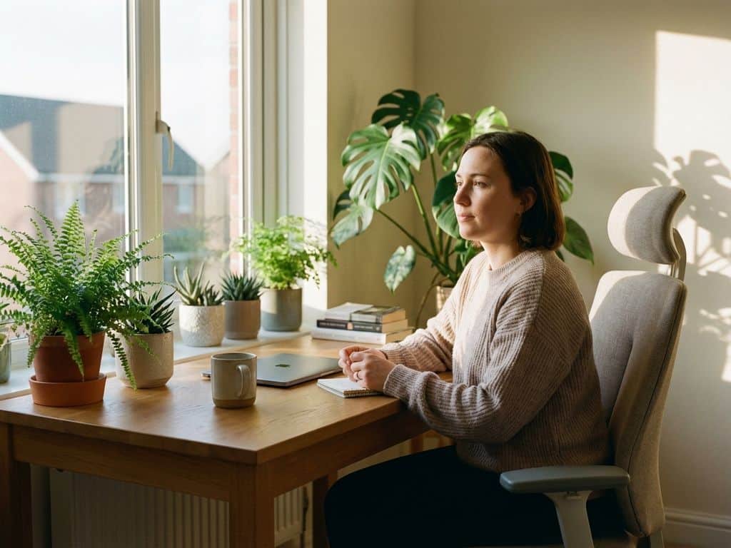 Office worker sitting peacefully at organized wooden desk with hands clasped, surrounded by green plants and natural sunlight.