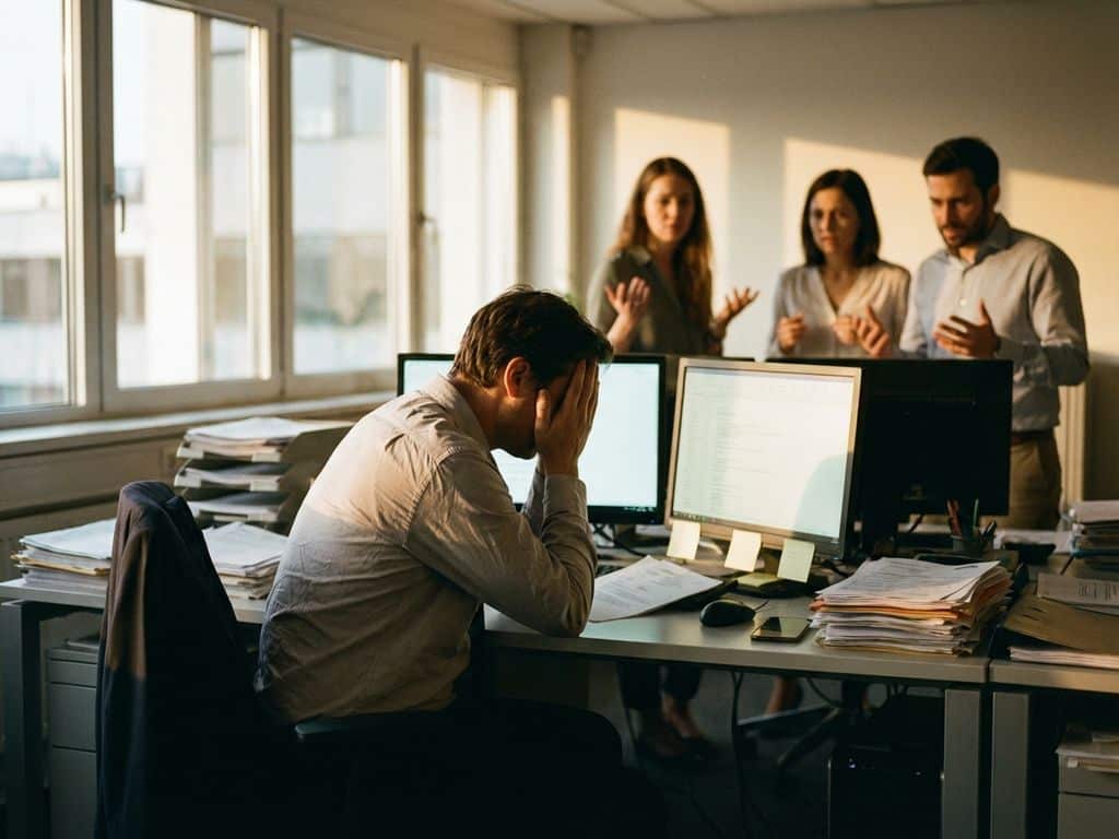 Stressed office worker with head in hands at cluttered desk while supportive colleagues gather behind in warm office light
