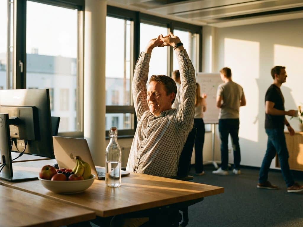 Office worker stretching at desk with fruit and water bottle, sunlight streaming through windows, colleagues exercising in background.